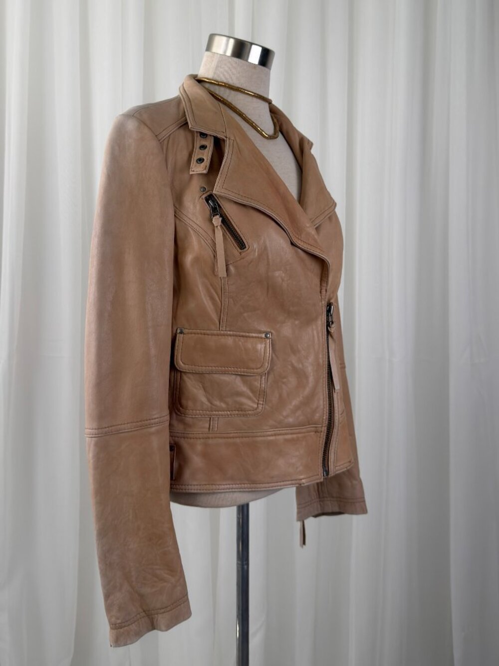 Tan Genuine Leather Biker Jacket Asymmetric Zip Moto Womens UK 8 US 4 MintVelvet - Picture 3 of 10